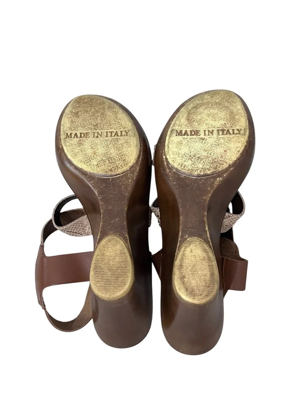 Italian Shoemakers Brown Leather and Beige Wedge Sandals Size 8